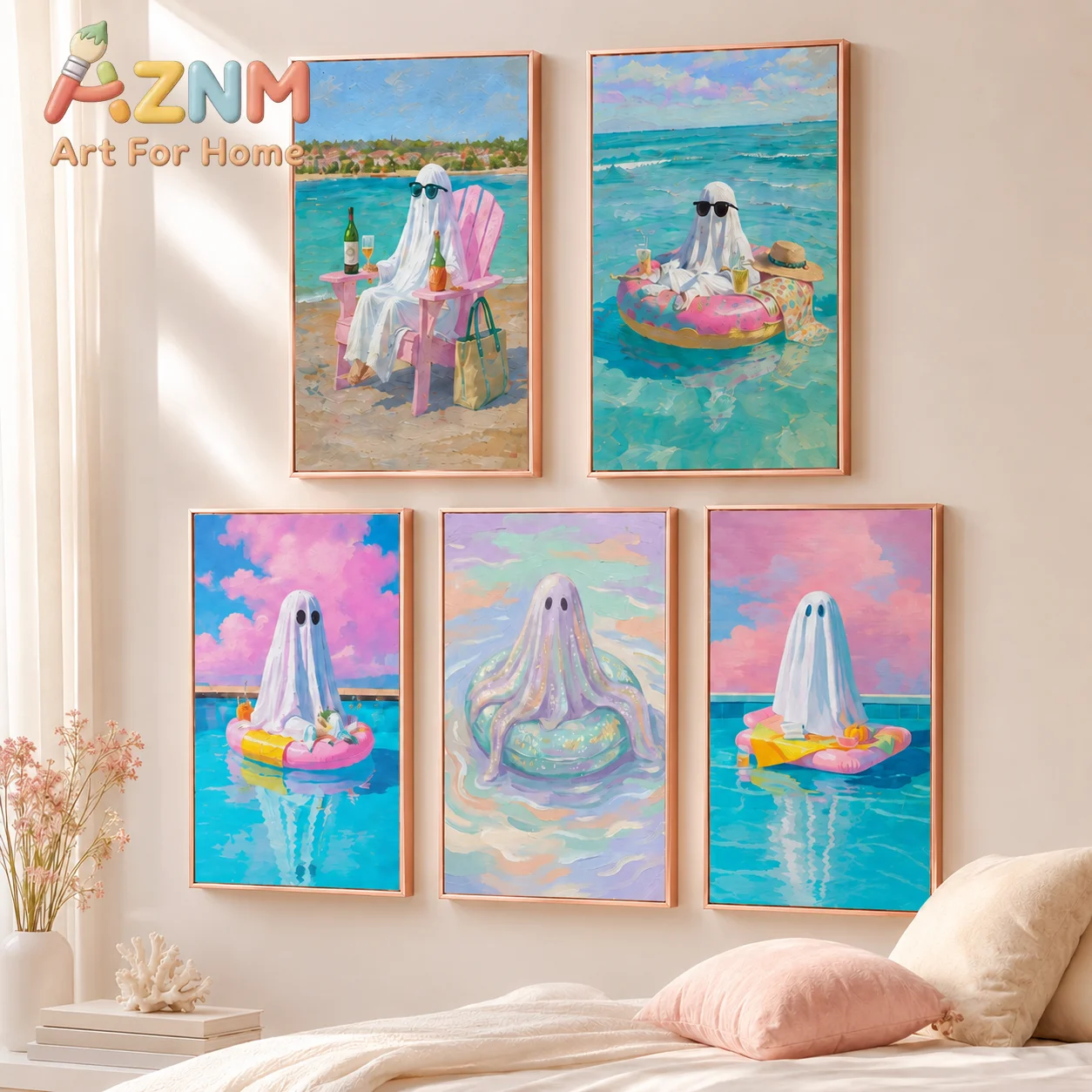 Pastel Beach Ghost Canvas Gallery Wall Prints Cute Summer Spooky  Coastal Wall Art Bright Tone Halloween Summer Home Decor Gift