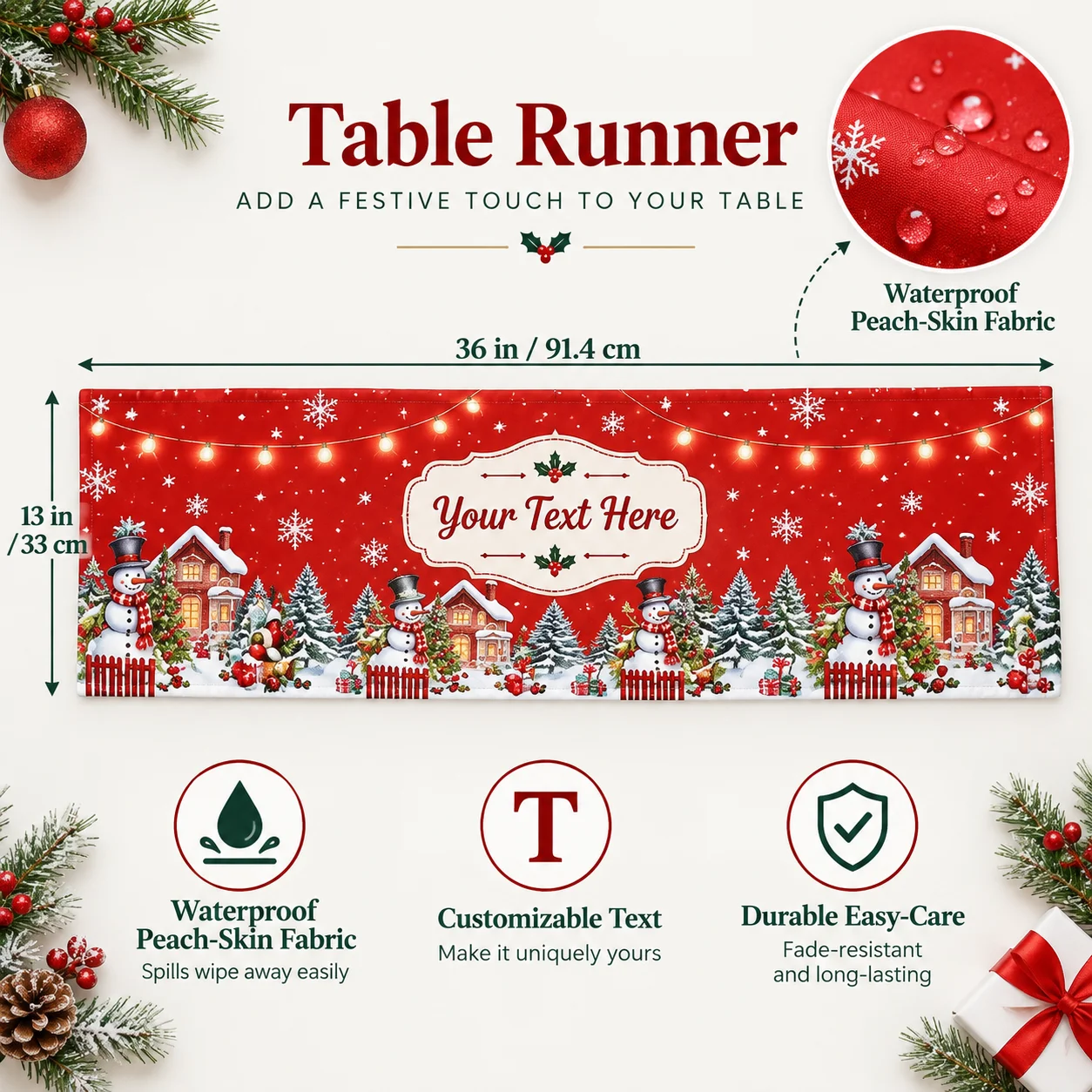 Custom Text Table Runner Peach Skin Waterproof Personalized DIY Printed Peachskin Table Scarf Wrinkle‑Resistant Heat‑Resistant