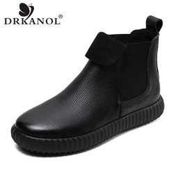 DRKANOL moda donna stivali autunno inverno fascia elastica piatta Slip On Chelsea stivali donna stivaletti corti in vera pelle neri