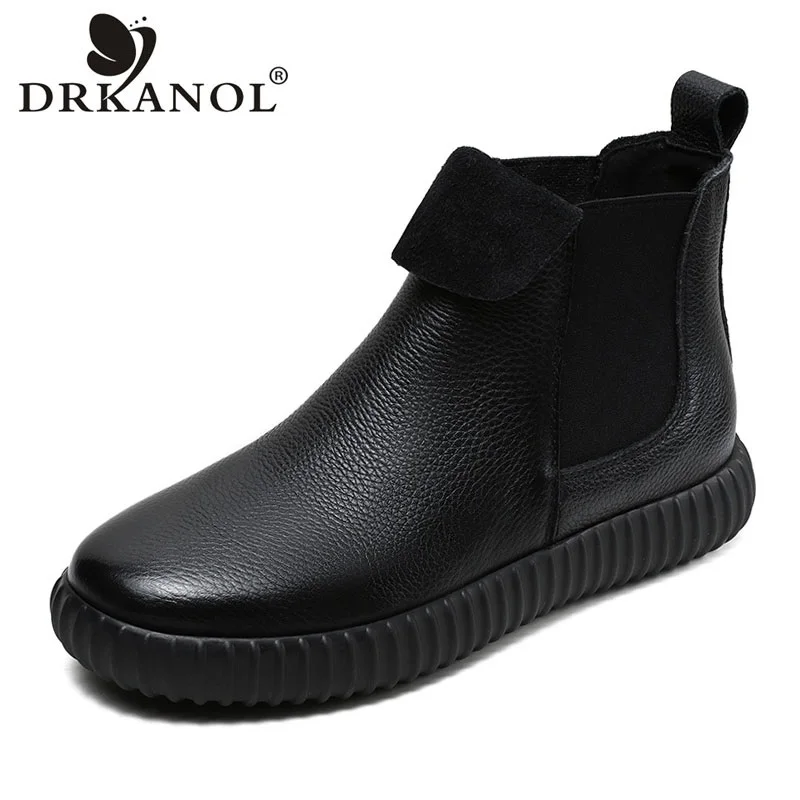 DRKANOL Fashion Women Boots Autumn Winter Flat Elastic Band Slip On Chelsea Boots Ladies Genuine Leather Short Ankle Boots Black