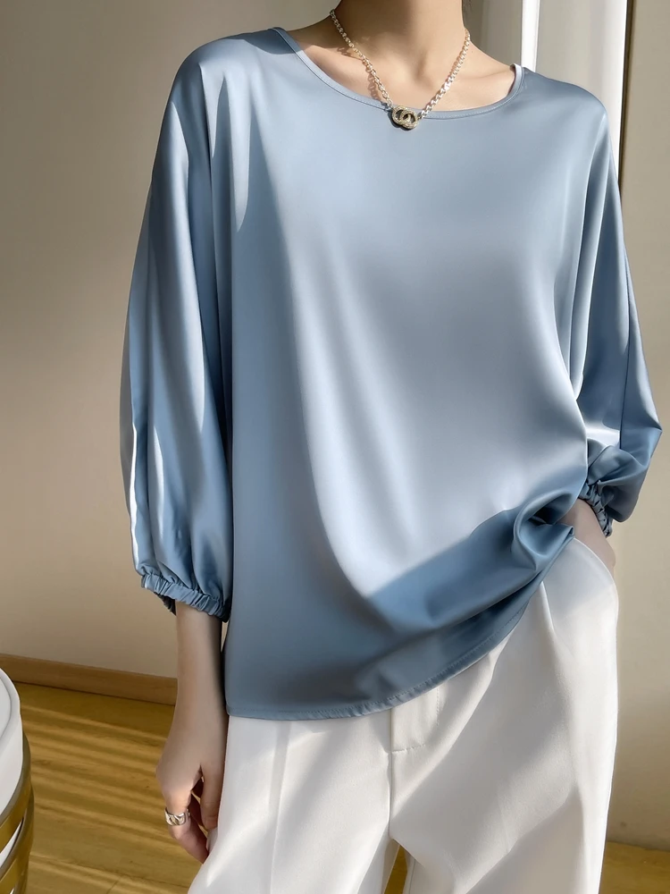 

2025 New Spring Summer Large Size Three-Quarters Sleeve Silk Smooth Tops O-Neck Solid Color Elegant Women Clothes Fashion Casual