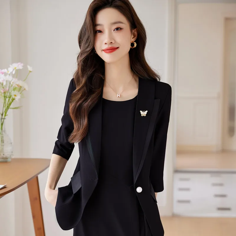 NAVIU Black Blazer Women Spring Summer New Professional Temperament Half Sleeve Slim Jacket Office Ladies Work Coat Tops Green