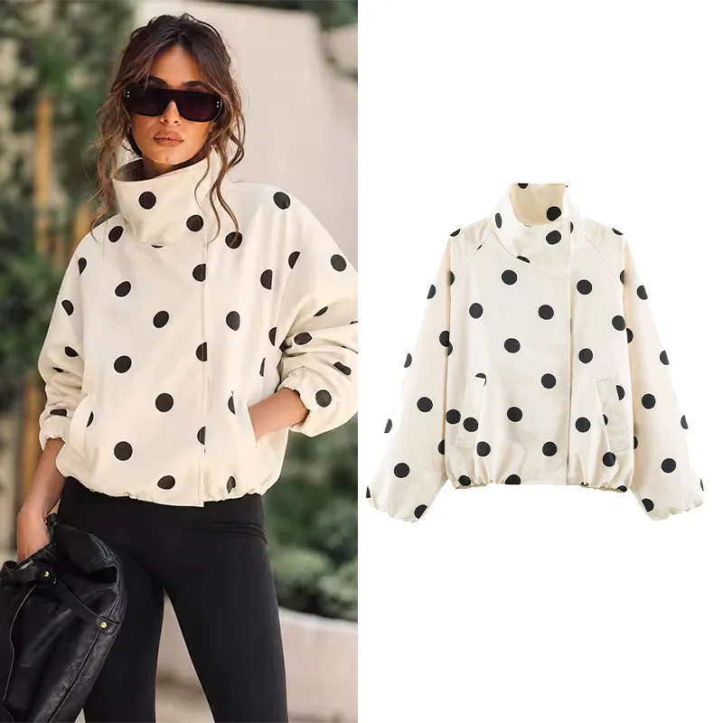 Women's Polka Dot Bomber Jacket New 2026 Summer High Collar Long Sleeve Women Elastic Waist Jacket Casual Feamle Coat Tops