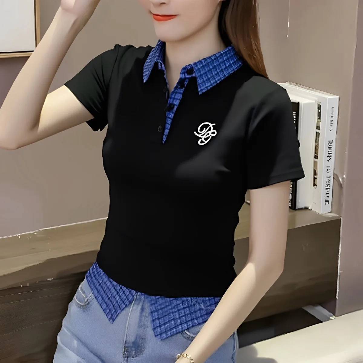 Preppy Collared T-Shirts for Women Splicing Design Short Sleeve Plaid Tees Slim Fit Casual Summer Fake Two Piece Basic Shirts