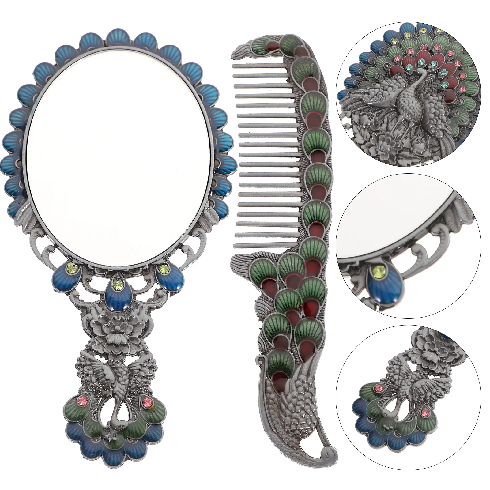 2 قطعة مرآة عتيقة ومشط مجموعة تصميم الطاووس مرآة ماكياج محمولة مدمجة صغيرة محمولة للسفر فكرة هدية المنزل #5