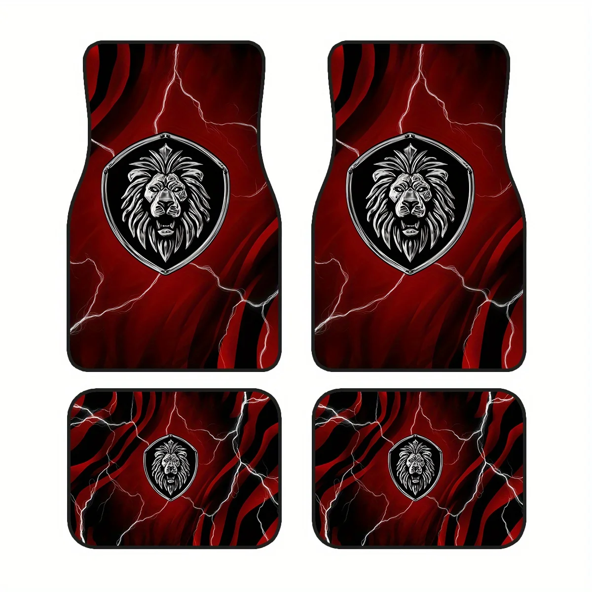 

4pcs Non-Slip Polyester Car Foot Mats | Red And Black Rock Crack Lion Head Pattern, Easy-to-clean, Universally Applicable For Ca