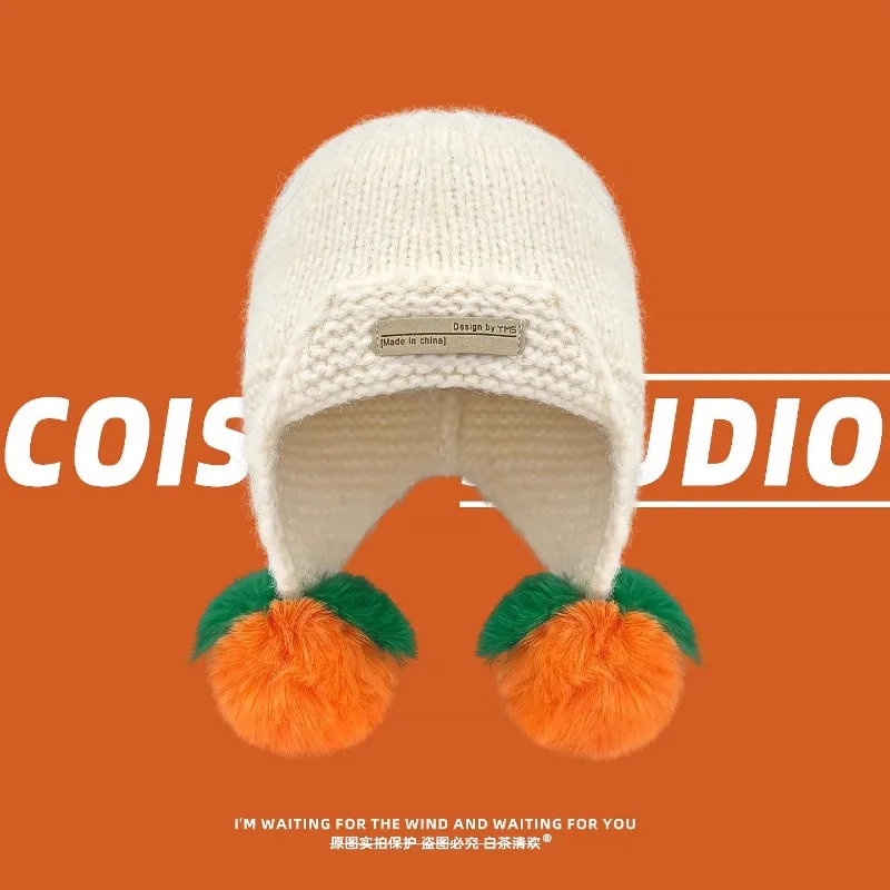 여성용 겨울 스트리트 따뜻한 보호용 귀덮개 다용도 파일럿 모자, 한국 도파민 대비 색상 폼폼 니트 비니