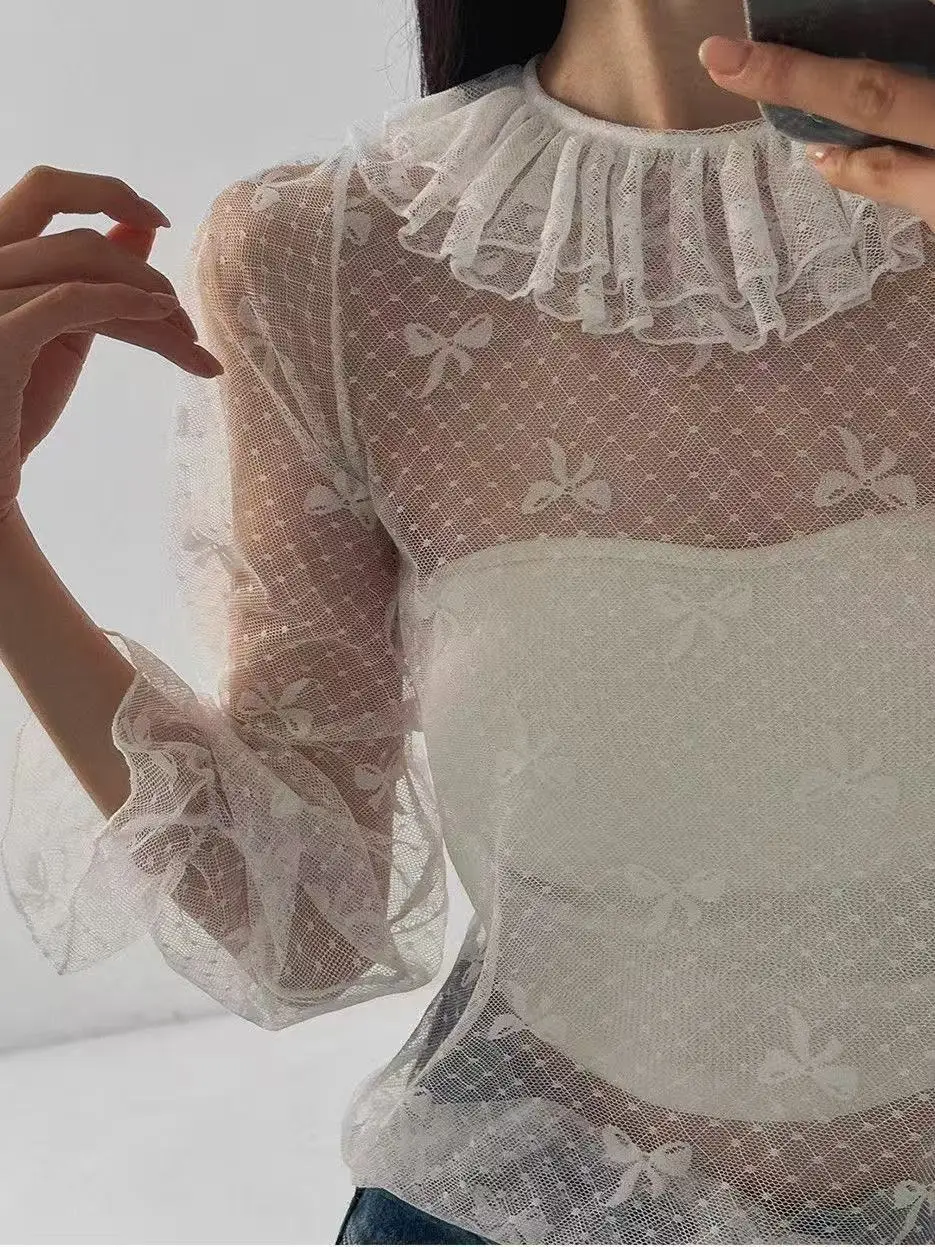 

Женская сетчатая блузка Sweet Lady Style с длинным рукавом, полувысоким воротником, прозрачная, в горошек, с кружевом, для ношения под одеждой