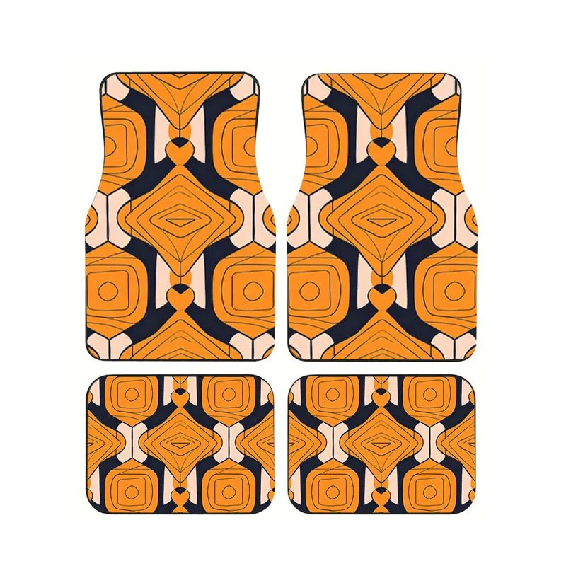 

Orange Black Retro Geometric Print Car Floor Mats 4pcs Non-slip Foot Pads for Vintage Style Auto Interior