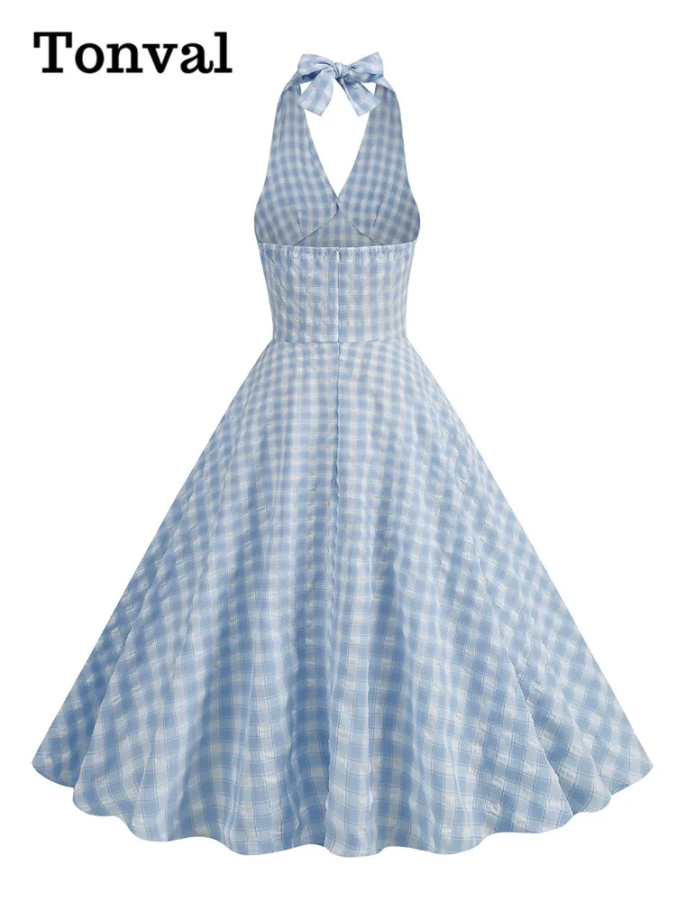 Tonval Blue and White Plaid Vintage Holiday Women Summer Dresses Sexy Halter High Waist Fit and Flare Rockabilly Dress