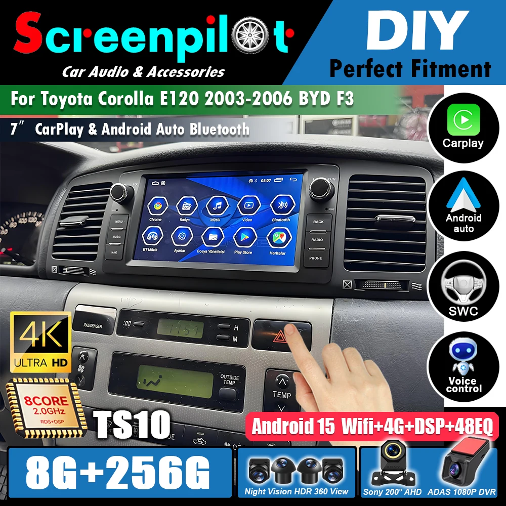 Android 15 2Din Carplay авто радио для Toyota Corolla E120 2003-2006 BYD F3 автомобильный радиоприемник навигация GPS мультимедийный плеер