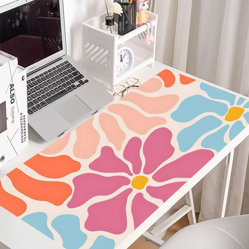 Colorful Floral Design Extended Mouse Pad with Non-Slip Rubber Base, Oblong Large Computer Desk Mat for Gaming, Office Keyboard