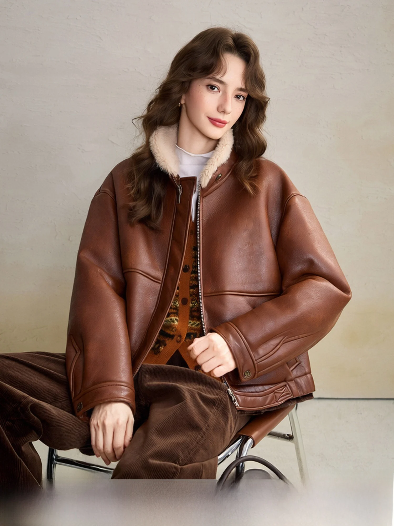 

Naguagu Basque Sle ort Jaet Faux Fur Collar Oil Wax Texture Leather Retro Faion Ladies Coat Long Sve ort Length
