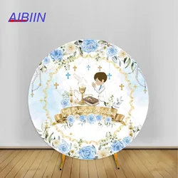 Blue/White Floral Baptism Round Backdrop Cover God Bless First Holy Communion Gold Cross Party Decor Boy Photography Background