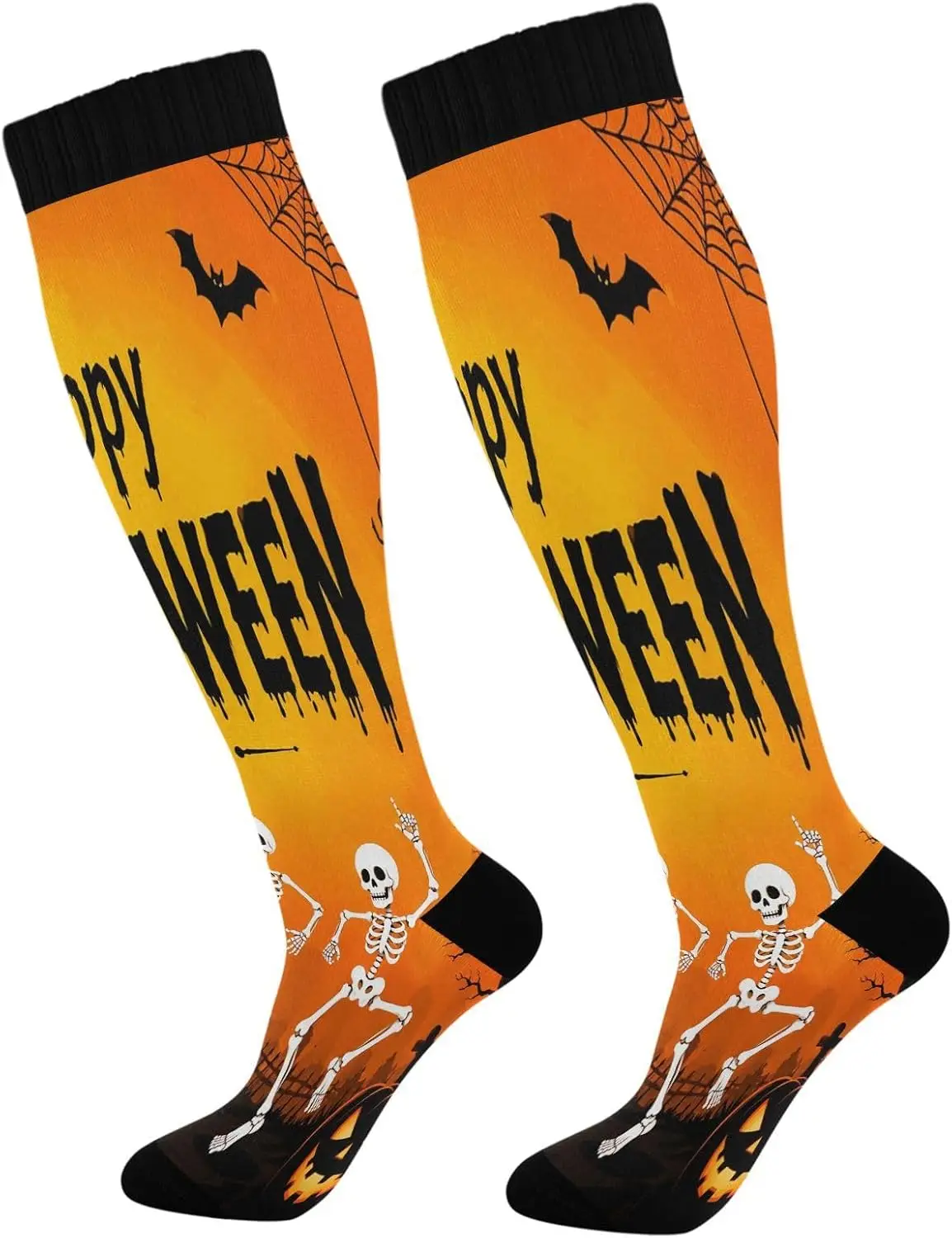 Halloween Skeleton Bat Spider Web Knee High Socks, Orange Graveyard Pumpkin Print Long Compression Socks, Spooky Holiday