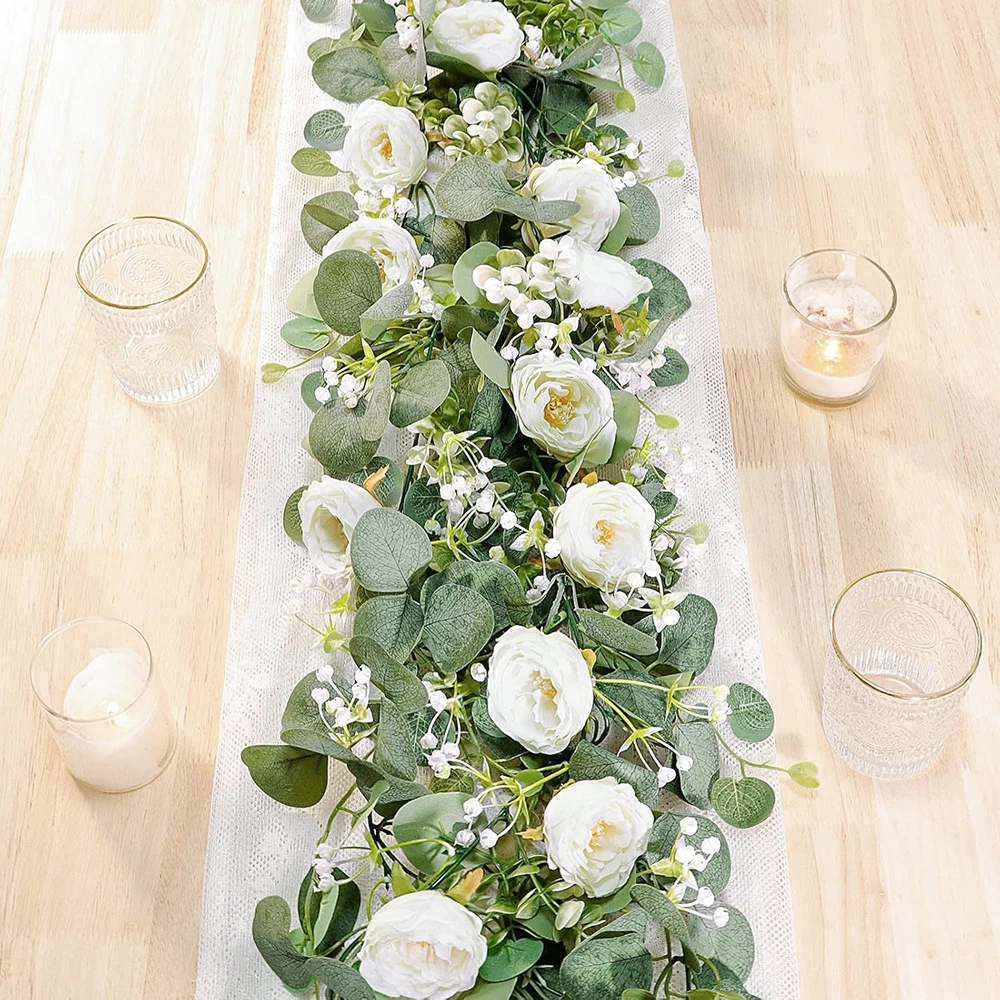180cm Künstliche Eukalyptus-Girlande mit Weißen Blumen für Heim, Festival, Wanddekoration, Garten, Hochzeit, Hintergrund, Party-Dekor – Detail 4