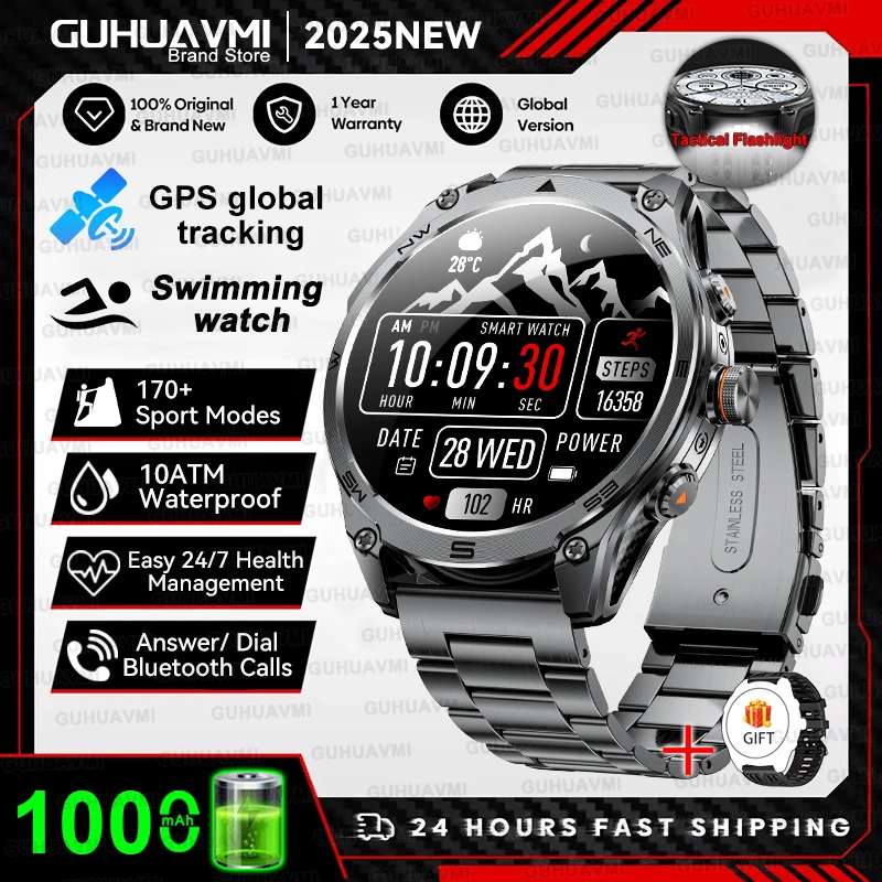 2025 New Outdoors Military GPS Sports Smart Watch Men Built-in Dual-Band GNSS Compass Altimeter 10ATM Bluetooth call Smartwatch