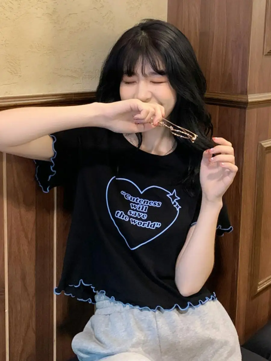 Black Short Sleeve T-Shirt Women's 2023 New Summer Korean Style Slim Fit Spicy Girl Clothing Anti-Aging Top Ins