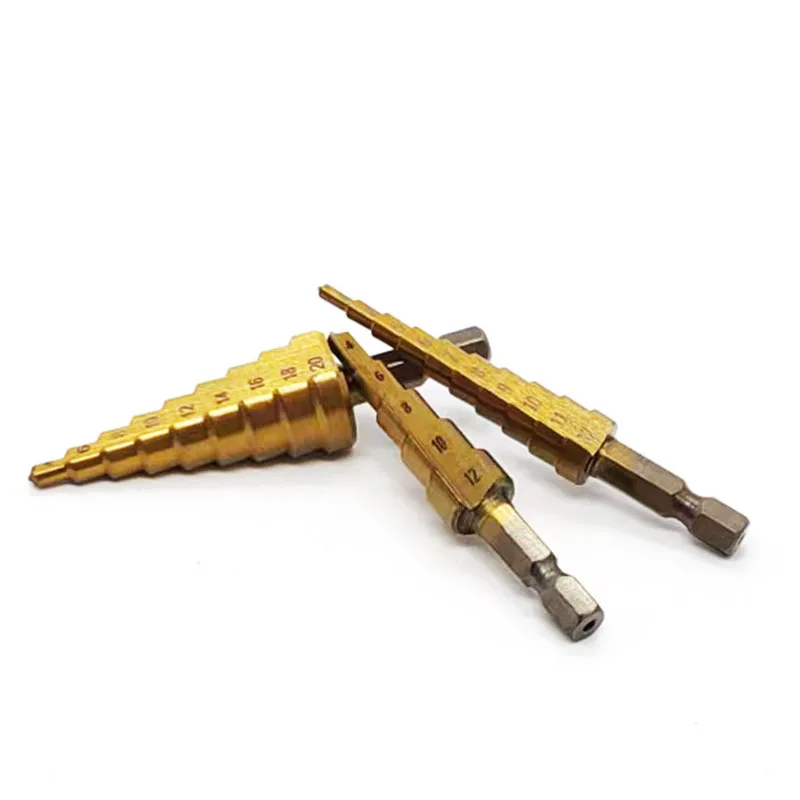 1Set shank straight groove Pagoda Step Hexagonal Titanium Drilling Power Tools Metal Wood Hole Cutter Cone Drill Bit4-12/20/32mm