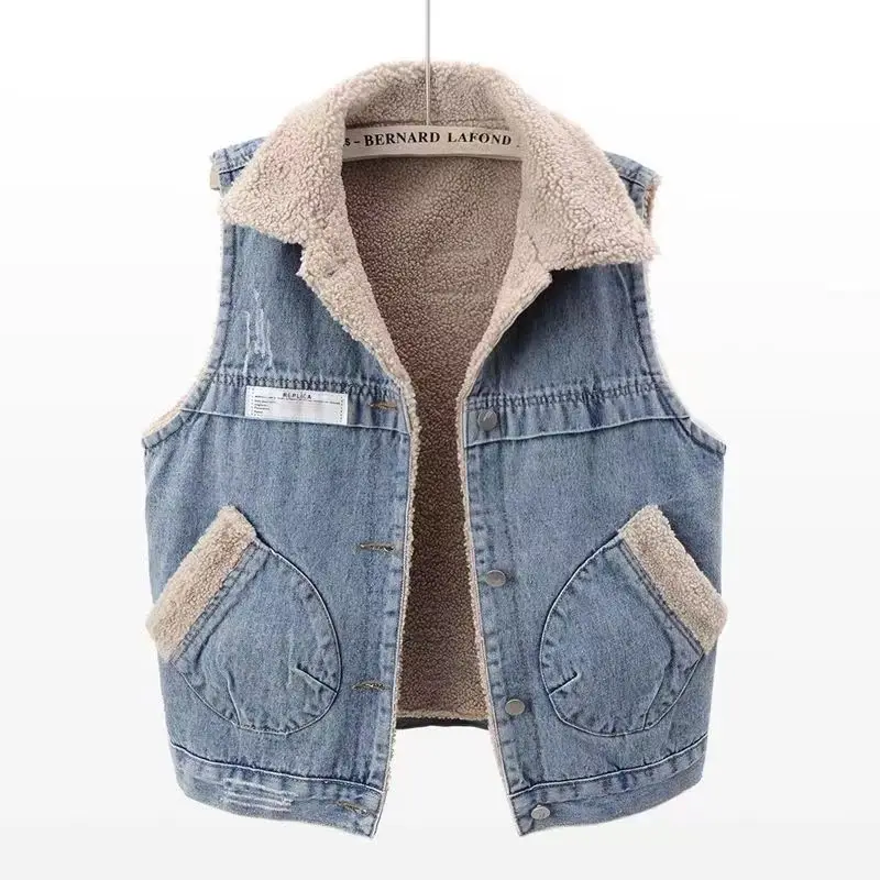 

High Quality Lamb Wool and Plush Thick Denim Vest for Autumn and Winter Women's Loose Korean Cotton Vest Camisole Jacket