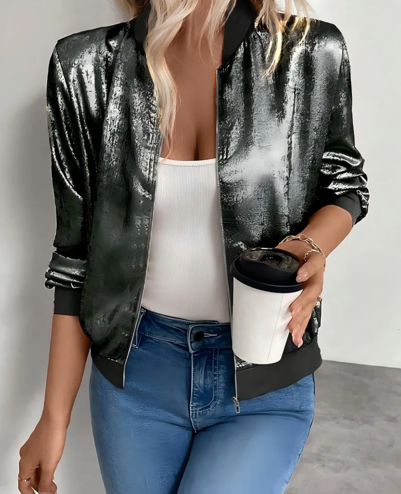 Autumn Glitter Zipper Woman Bomber Jackets Lightweight Zip Up Long Sleeve Women's Jacket Fashion Elegant Party Jackets Coats