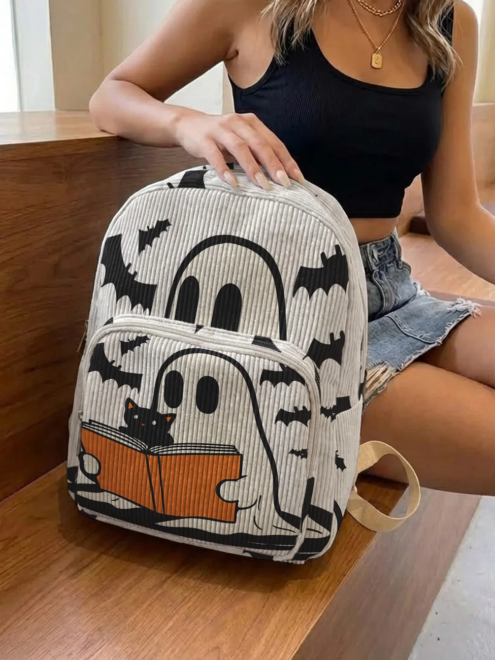 Halloween Ghost Bat & Black Cat Print Women Fashion Backpack Corduroy Multi-pocket Large Capacity Commuter Bag
