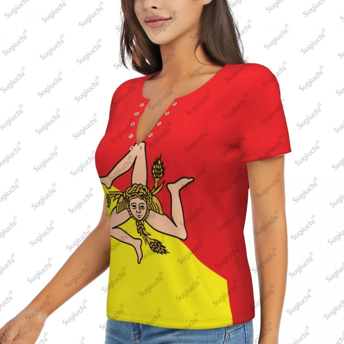 2025 Sicily Sicilia Flag Sexy Deep V Neck Women 3D Short Sleeve Fashion Tees Odzież damska Tops Girl Casual Blouse Tees