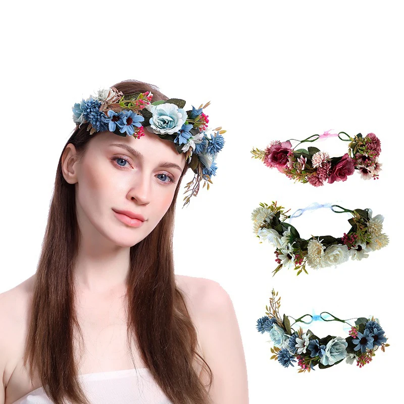 

Colorful Flower Crown Wreath Spring Halo Hairband Girls Fashion Leaf Floral Boho Headband Wedding Festivals Photo Props Headpiec