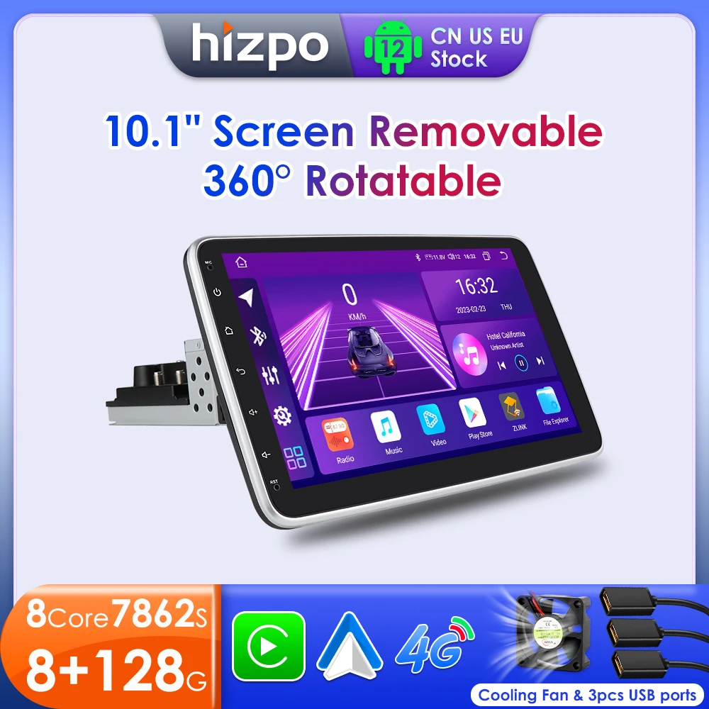 Hizpo 10.1'' Rotatable Screen Carplay 1 Din GPS for Universal Car Multimedia Player Stereo 1DIN Video Autoradio Head Unit GPS BT