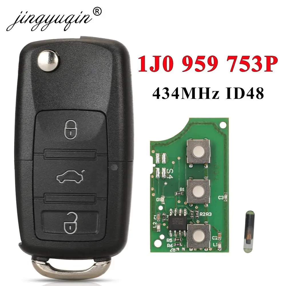 

jingyuqin 1J0 959 753 P Remote Car Key Fob 434MHz for Volkswagen VW Beetle Golf Jetta Passat 2002-2005 1J0959753P Flip 3 Buttons