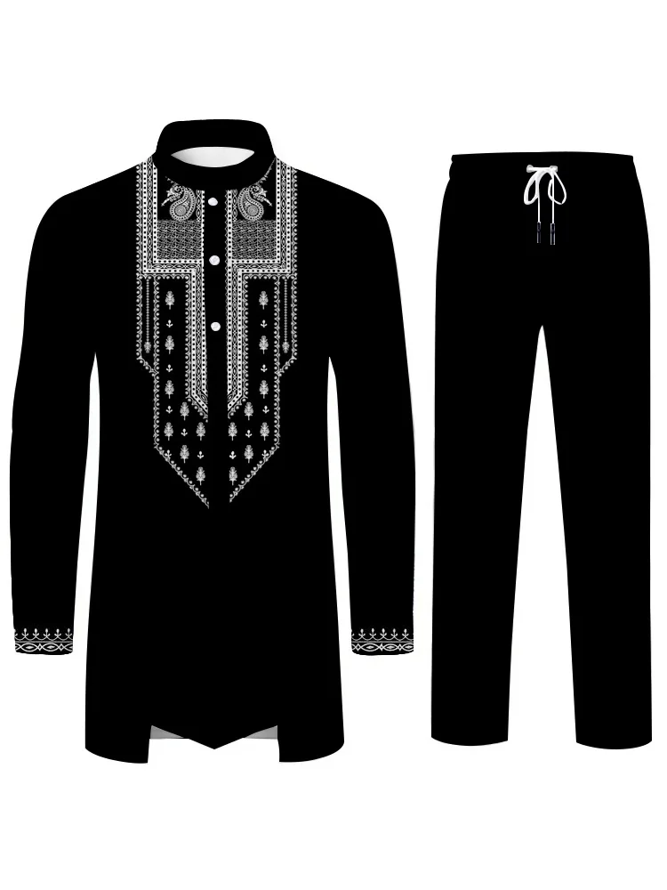 Moda masculina de cultura muçulmana terno casual elegante estampa 3D vestido islâmico do Oriente Médio solto respirável roupas masculinas