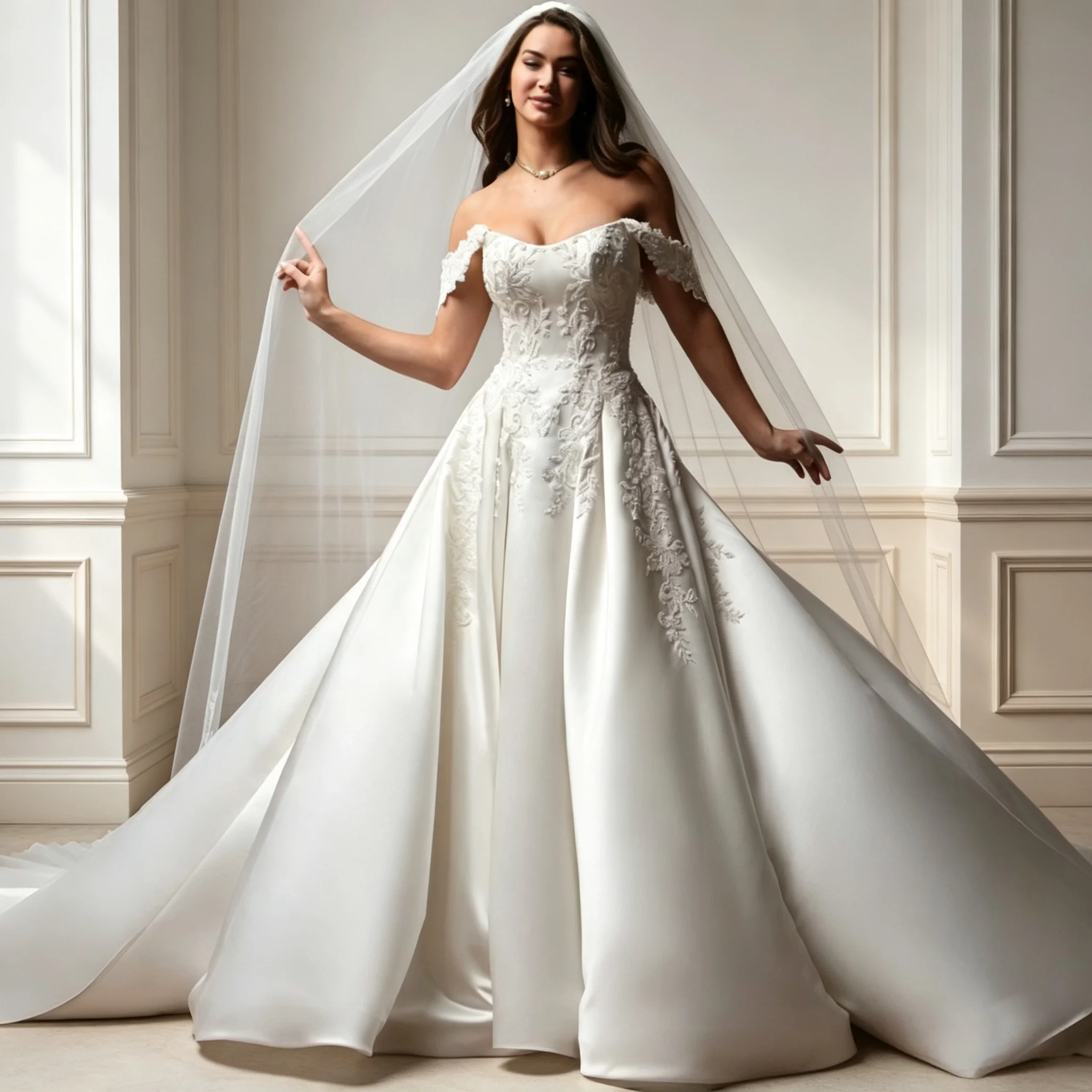 Off The Shoulder Embroidered Satin A-Line Train BridalSatin Wedding Dress Princess Strapless Sleeveless Customized