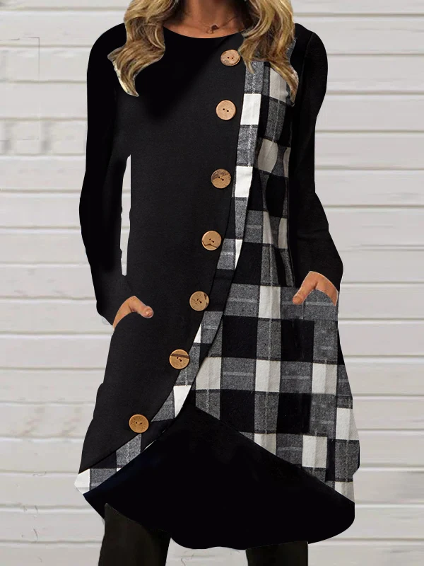 

Plus Size Women Long Sleeve Scoop Neck Plaid Button Midi Dress