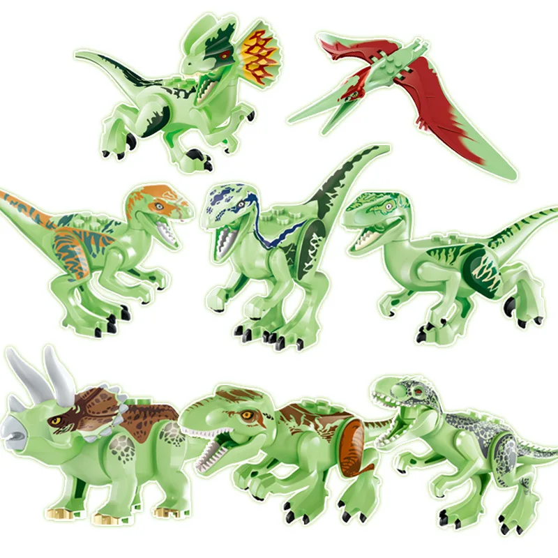 8Pcs Locking Jurassic Dinosaurs Set  Tyrannosaurus Rex Spinosaurus Velociraptor Stegosaurus Building Block For Children