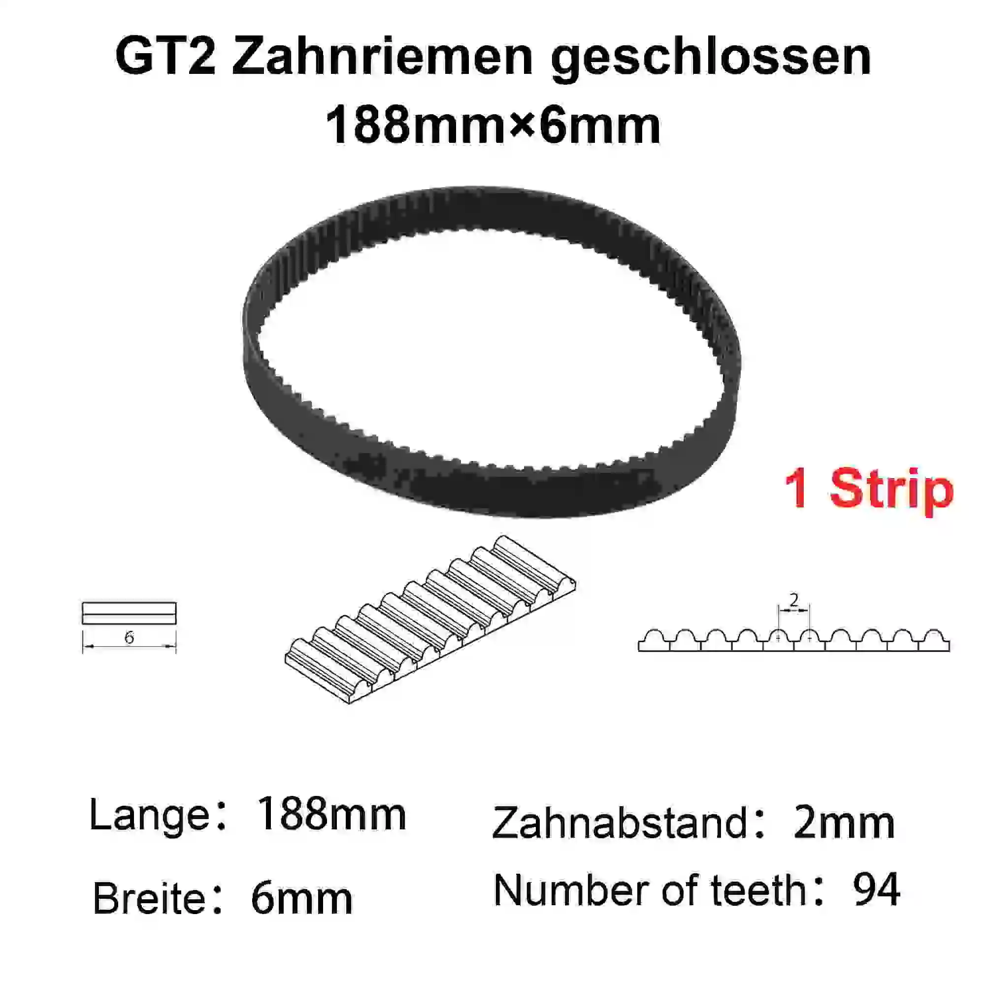 1PCS 3D Printer Parts GT2 6mm Closed Loop Rubber Timing Belt 162 164 166 168 170 172 174 176 178 180 182 184 186 188 190mm 2GT