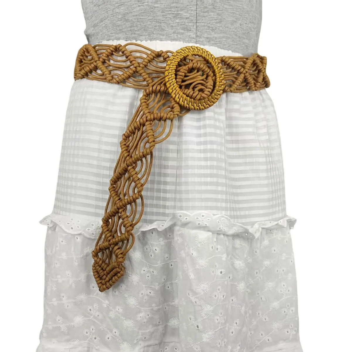 

Bohemian Belt Women's Skirt Shirt Dress Wide Version Woven Waist Seal Round Buckle Ethnic Style Casual Decoration