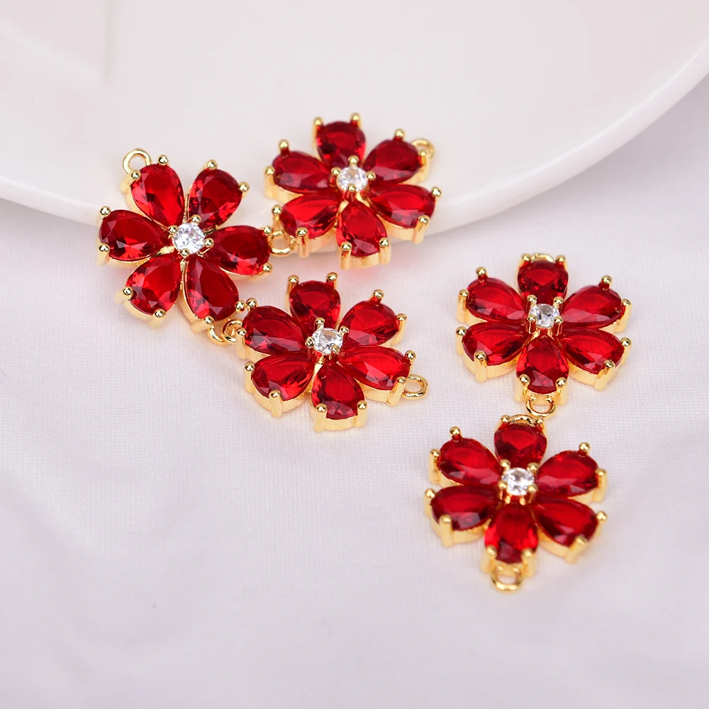 APDGG 10 Pcs 17mm Red Crystal Pave Flower Gold Plated Bezel Sets Connector Pearl Necklace Pendant Jewelry DIY