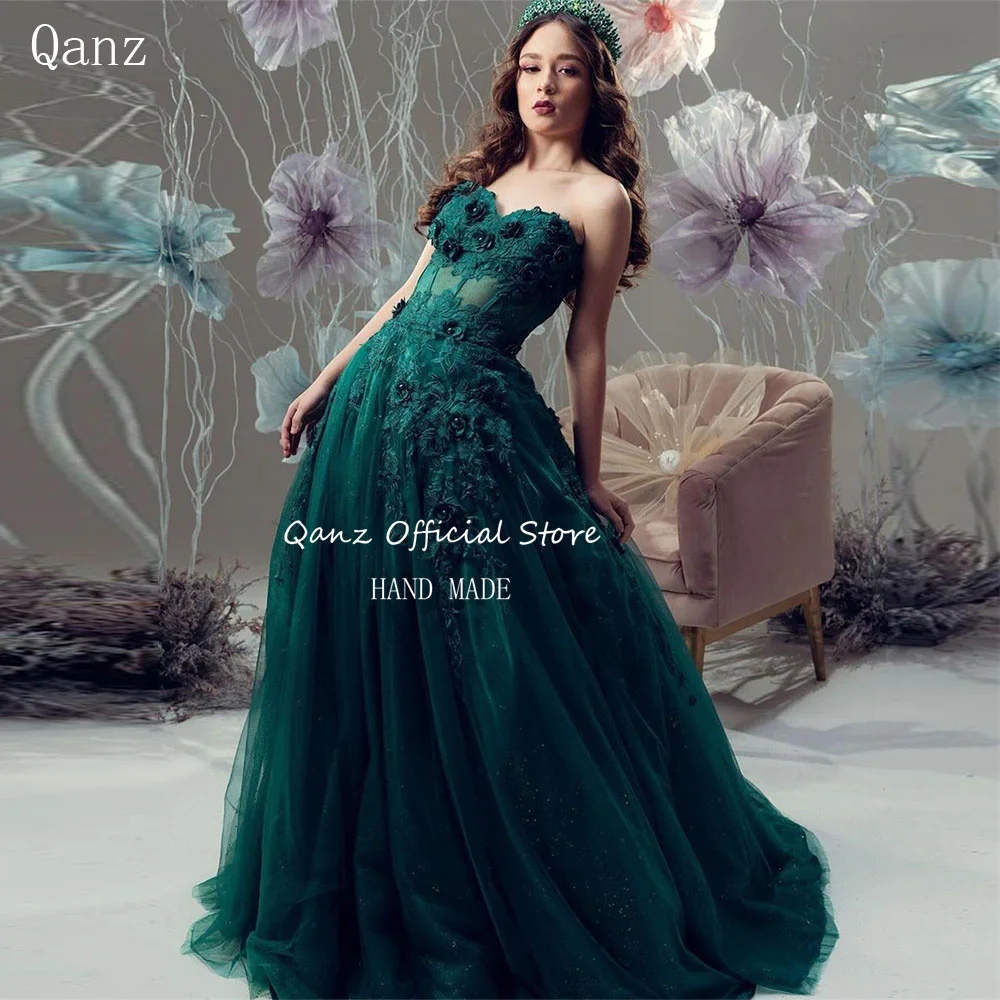 Qanz elegante vestido de noche de princesa tul verde esmeralda 3D flores hechas a mano vestidos de graduación largo una línea vestido de fiesta personalizado