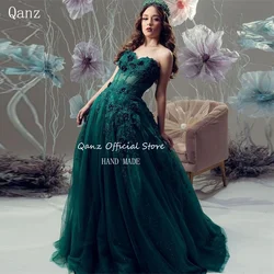 Qanz Elegant Princess Evening Dress Emerald Green Tulle 3D Handmade Flowers Prom Dresses Long A Line Party Gown Customized