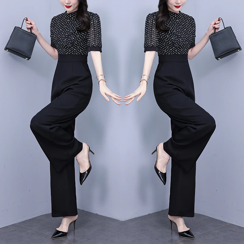

Summer Polka Dot Wide Leg Suit Pants Women's Design Sense Splice Jumpsuit High Waist Slimming Advanced Feeling Long Zipper