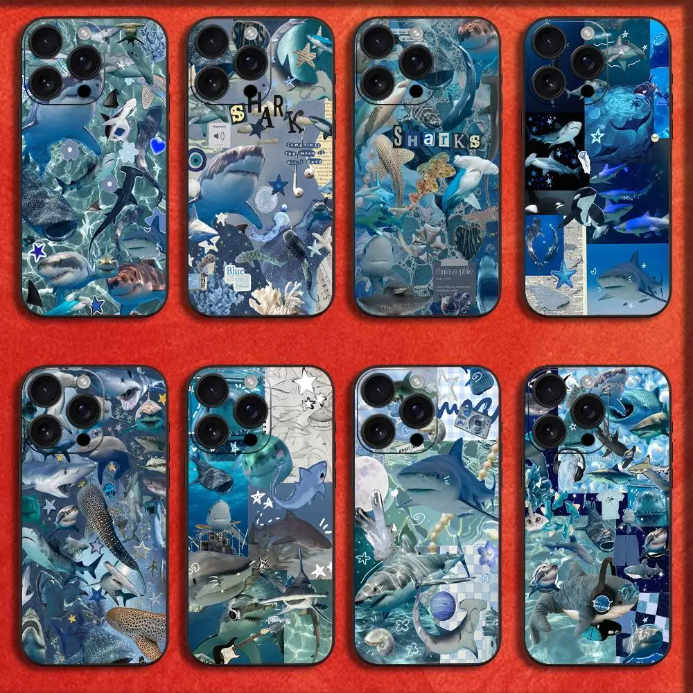 

Phone Case For iPhone 16,15,14,13,12,11,Pro,XS,Max,XR,Plus,E,Mini Black Shockproof Ocean Sea Shark Collage Cover