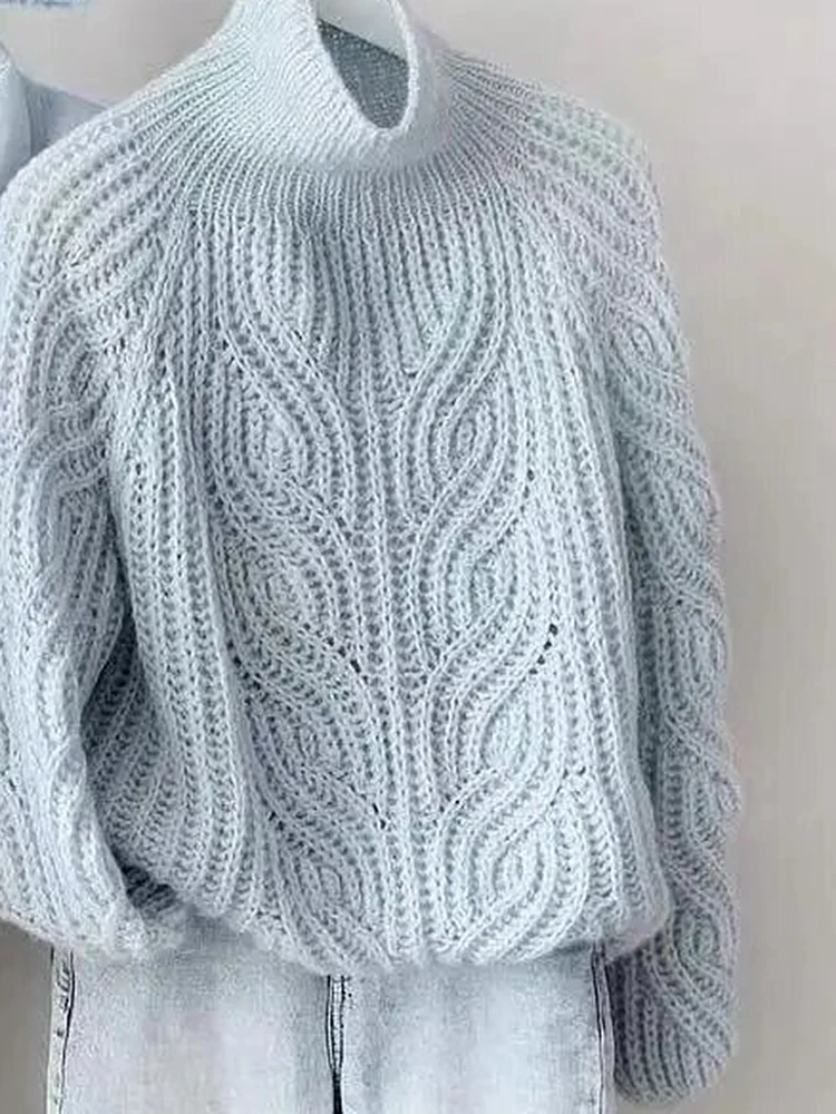 

Soft Pastel Blue Twisted Knit Sweater Women's Spring Autumn High Collar mid Length Open Split Top Comfortable Cozy Camere