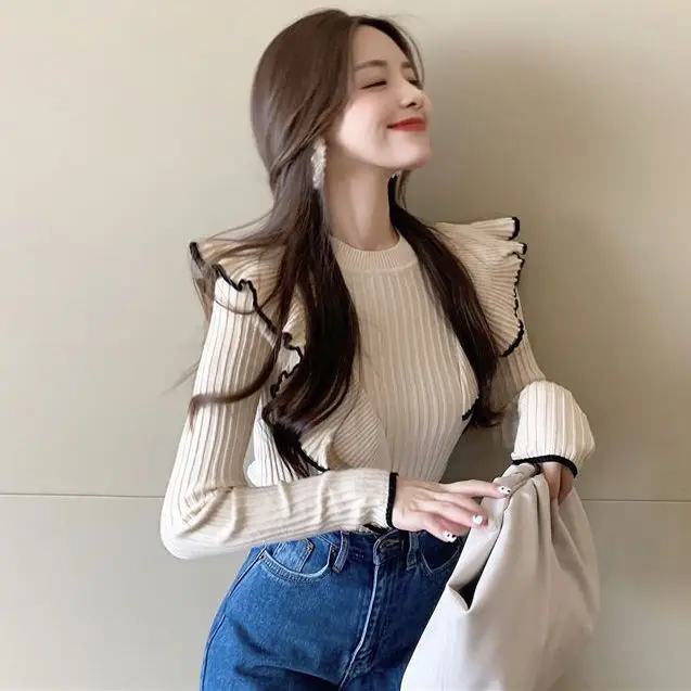 New Western-style Interior with Ruffle Edge Slim Fit Base Sweater for Women Internet Famous College Style Thick Short Sweater