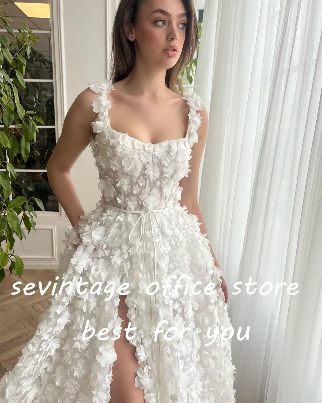 Sevintage White Embroidery Lace Appliques 3D Flower Prom Dresses Floral Straps High Side Split A-Line Pleat Ruched Evening Gown