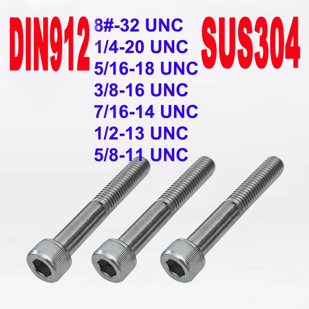 DIN912 8 # -32 إلى 5/8-11 UNC SUS304 A2 سداسية من الفولاذ المقاوم للصدأ المقبس مخرش غطاء رأس الترباس مفتاح ألين مسامير موضوع جزئي