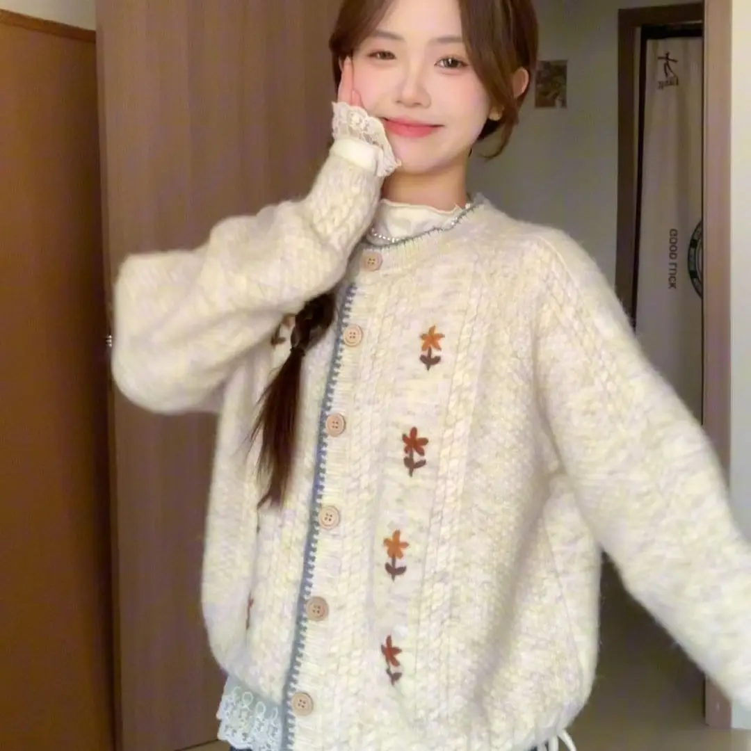 

Women Autumn Winter New Fashion Heavy Work Unique Sweater Coat Japanese Style Soft Round Neck Long Sleeve Knitted Cardigan