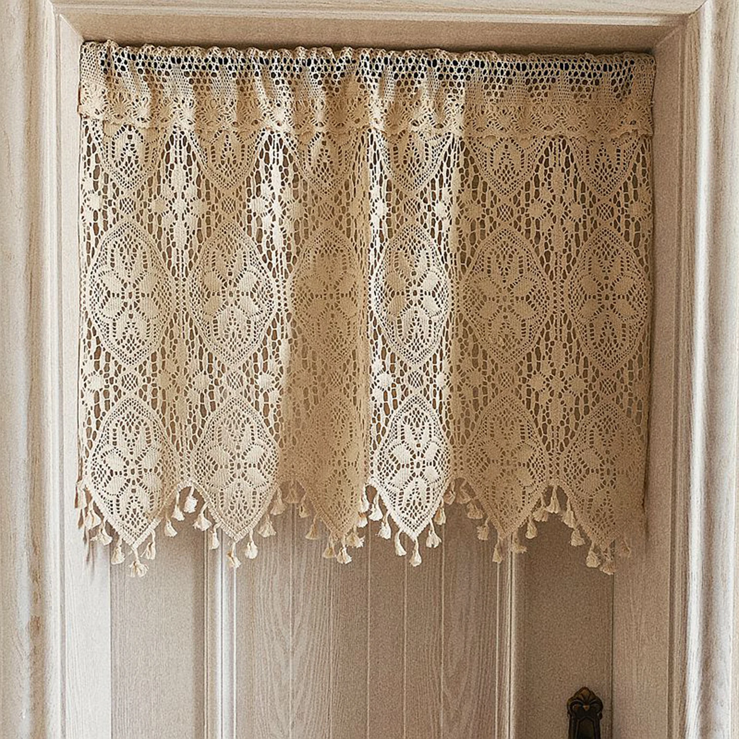 1PC Bohemian Style Beige Hollow Kitchen Short Curtain, Small Window Curtain, Cabinet Partition Curtain, Door Curtain-Rod Pocket