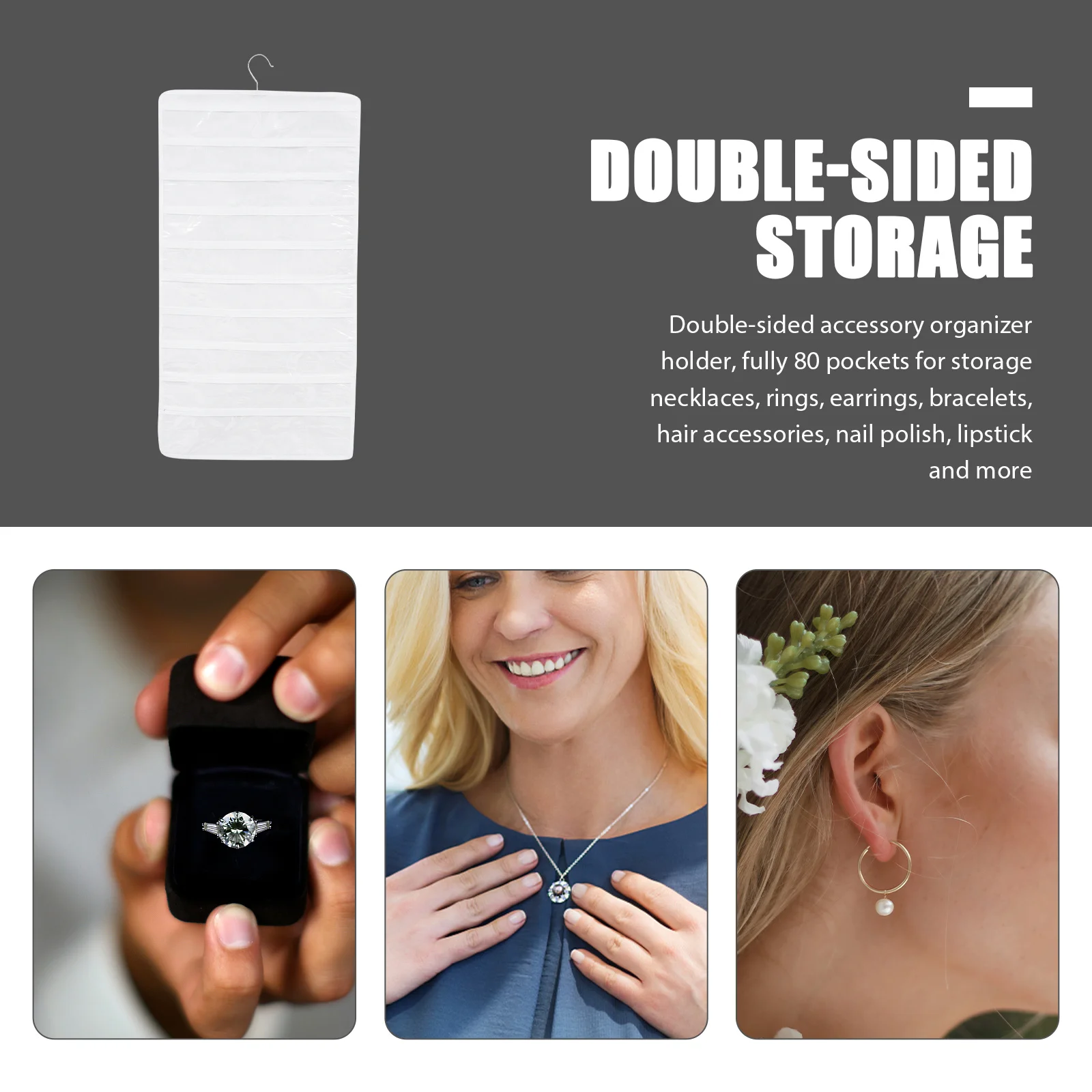 

Сумка для хранения ювелирных изделий, двухсторонний подвесной органайзер, 80 карманов для ожерелья, серег, браслетов, настенный держатель