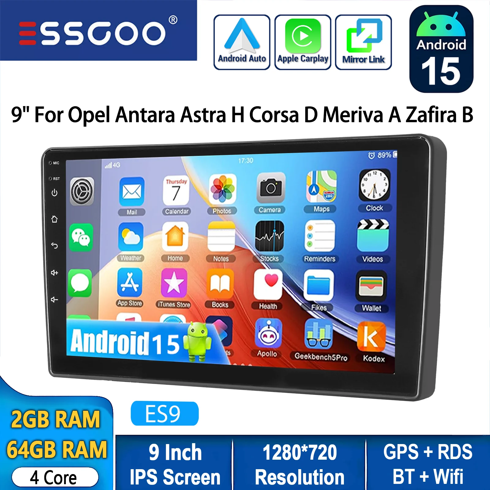 ESSGOO 9 inch Android 15 draadloze CarPlay autoradio voor Opel Antara Astra H Meriva A Zafira B Corsa D GPS navigatie FM BT RDS SWC