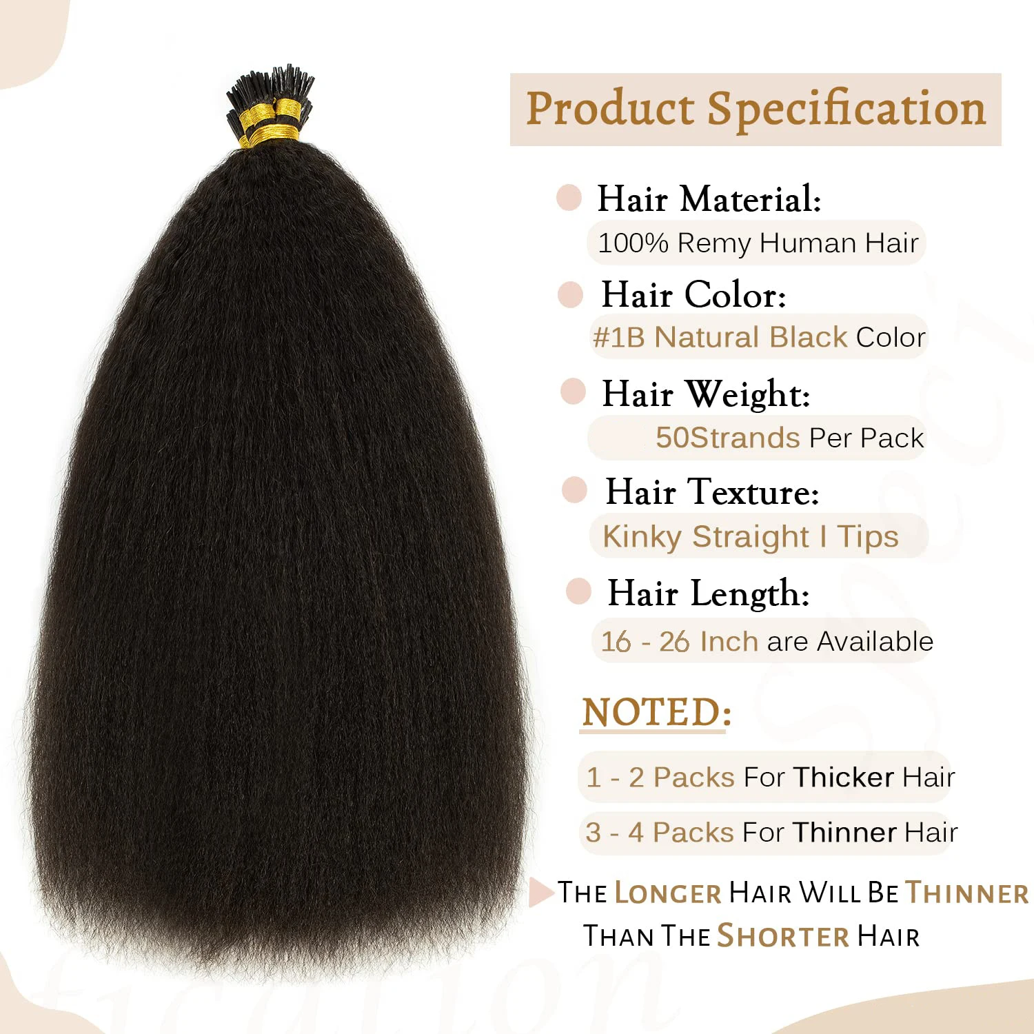 Kinky Straight I Tip Hair Extensions 26inch Itip Human Hair Extensions Black 100% Brazilian Hair 50g #1B I Tip Hair For Women